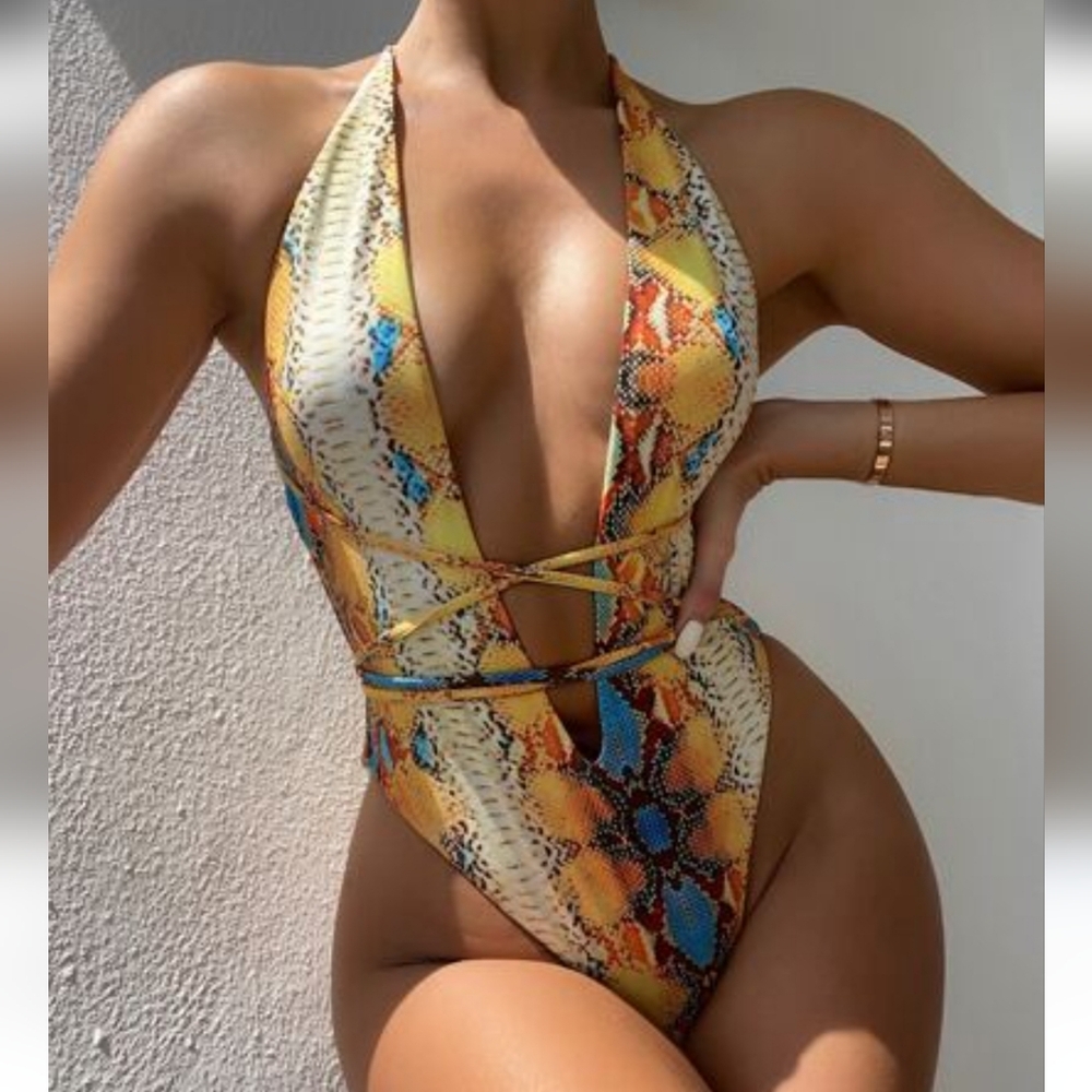 Snakeskin Print Plunge Neck One Piece Swimsuit